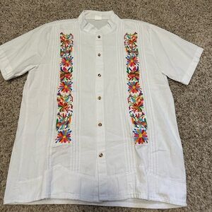 Mexican Guayabera in White with Multi-Colored Embroidery
